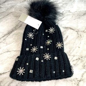 NEW BP snowflake crystal black beanie faux fur pom pom beanie